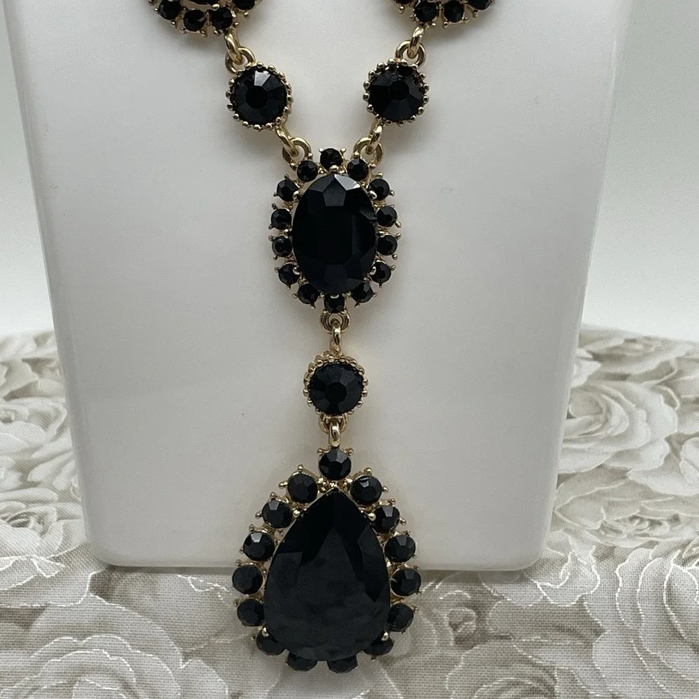 Necklace‎ & Dangle Earrings Gold Tone Black Faceted Teardrop Adjustable Fashion